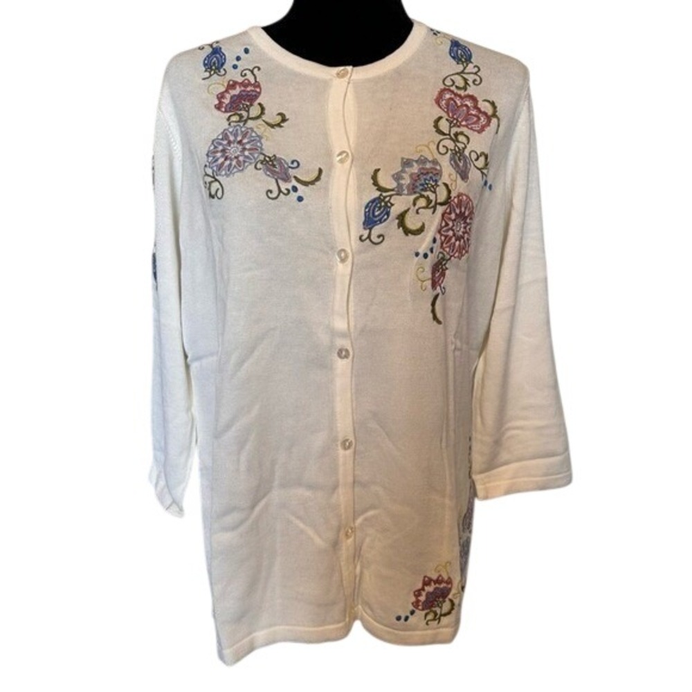 NWT Norm Thompson Ivory with Floral Embroidery Cardigan Sweater‎ Size Large
